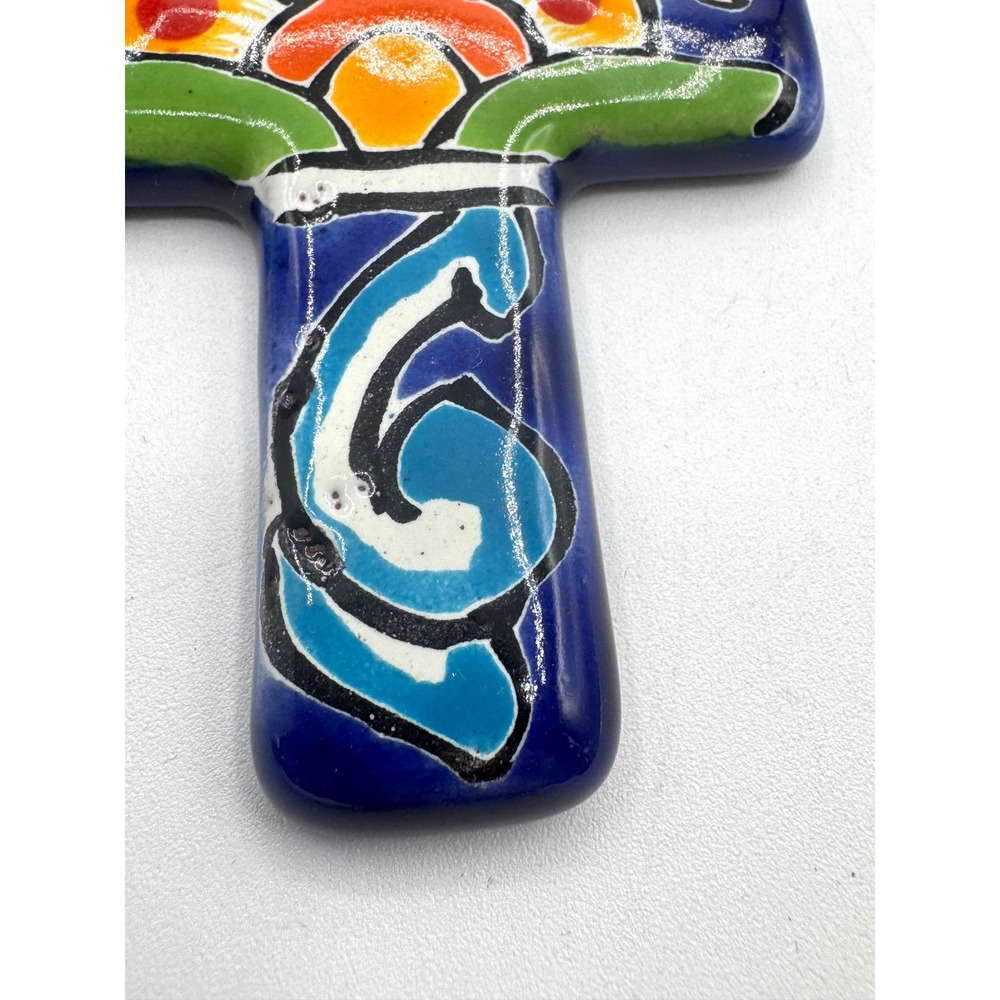 Mexican Talavera Pottery Wall Cross Hand Painted Floral Folk Art Blue - Picture 4 of 6